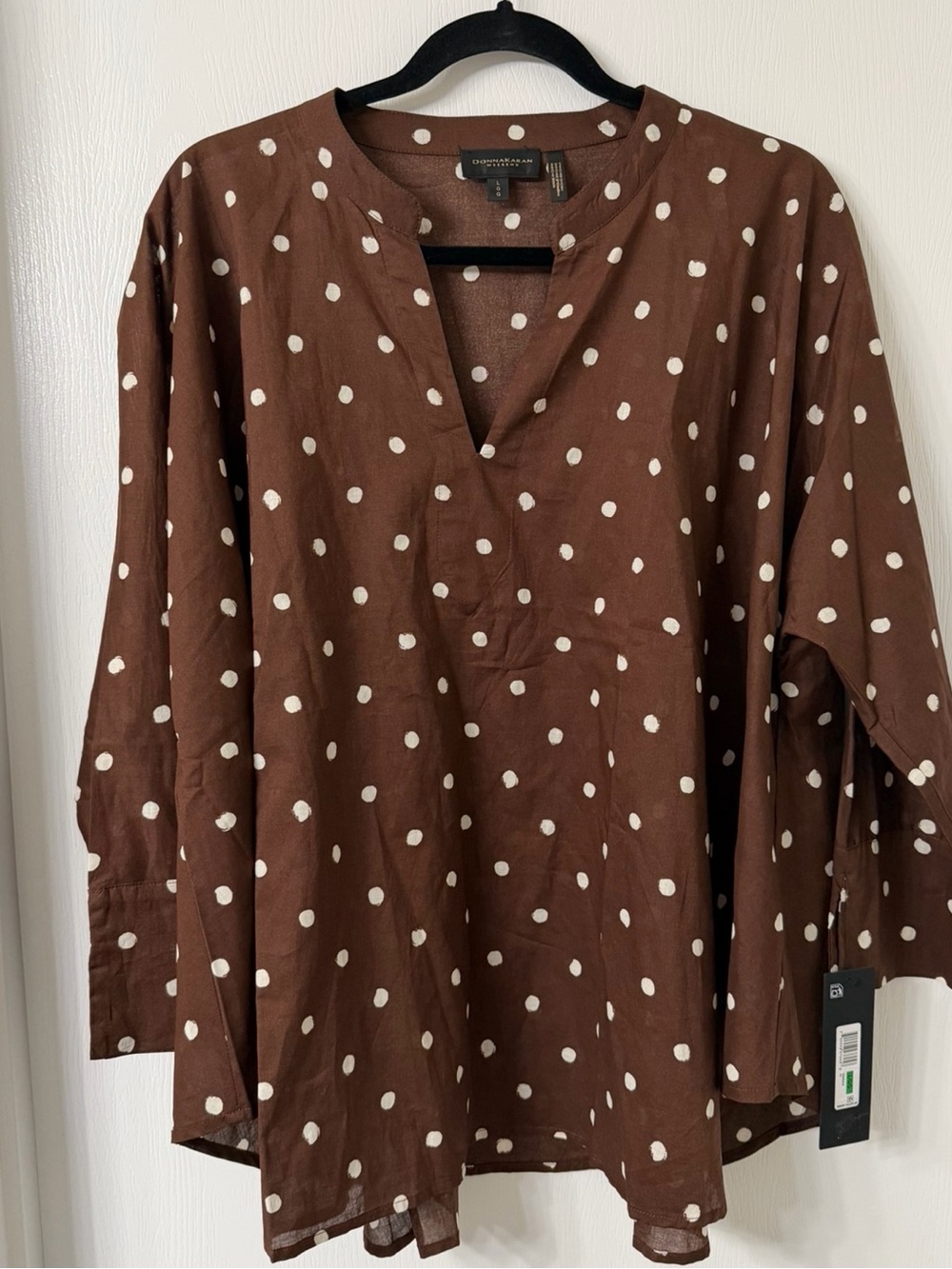 Donna Karan Brown and White Polka Dot Print Split-Neck Blouse Loose Fit - Picture 7 of 11
